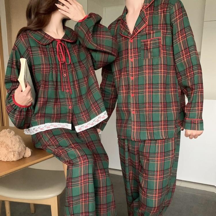 Vánoční kostkované párové pyžamo v korejském stylu s límečkem Petra Pana