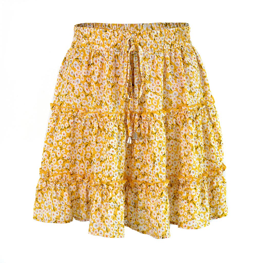 Summer Women's Casual High Waist Ruffled Floral Skirt Beach A-line Skirt