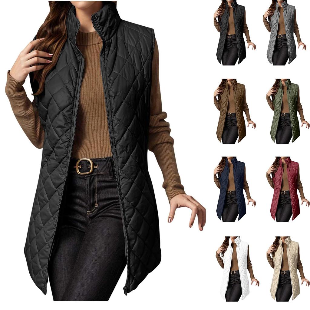 Dámská dlouhá trendy jednobarevná prošívaná bunda bez rukávů na zip, lehká, hřejivá, polstrovaná vesta, kabát, svrchní oděv