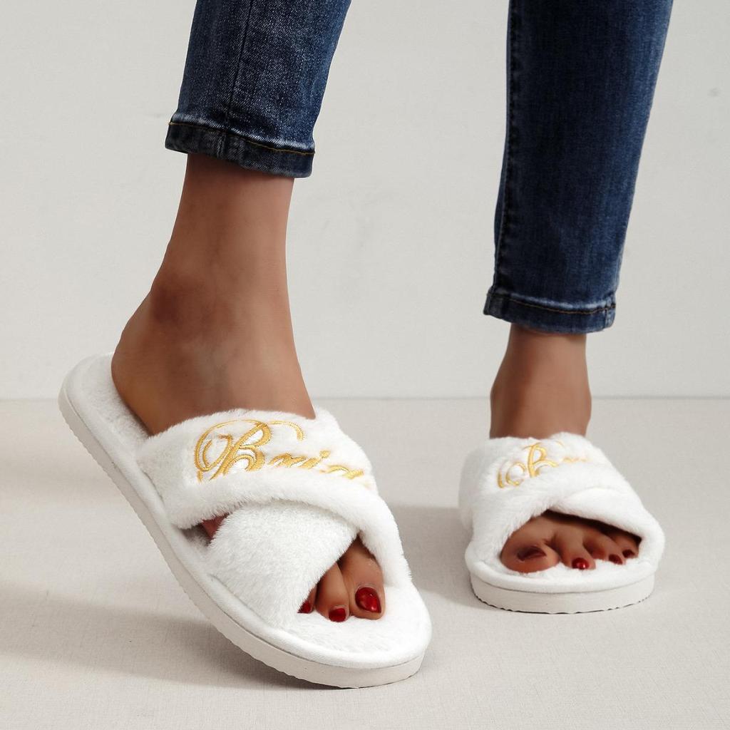 Women's Embroidered Plush Open-Toe Non-Slip Slippers for Indoor Use - Perfect for Spring/Autumn