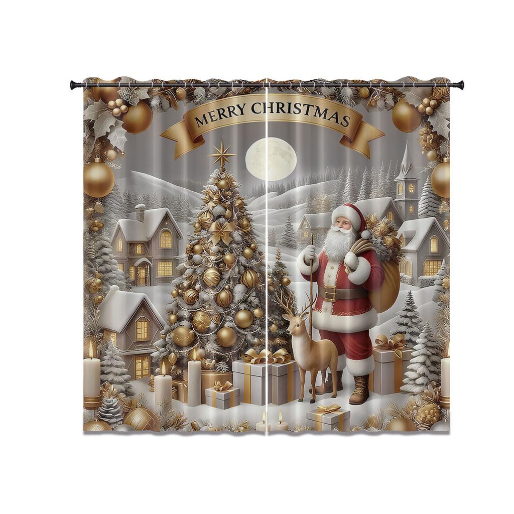 2 Christmas Tree Santa Claus Print Perforated Blackout Curtains Various Size Living Room Insulation Decoration Machine Washable