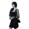 2026 Women's Elegant Mid-Length Mesh Splice Dress - Spring/Autumn, Waist-Cinched, Long Sleeve, Little Fragrance Style.