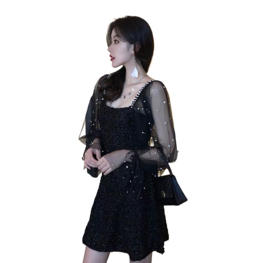 2026 Women's Elegant Mid-Length Mesh Splice Dress - Spring/Autumn, Waist-Cinched, Long Sleeve, Little Fragrance Style.