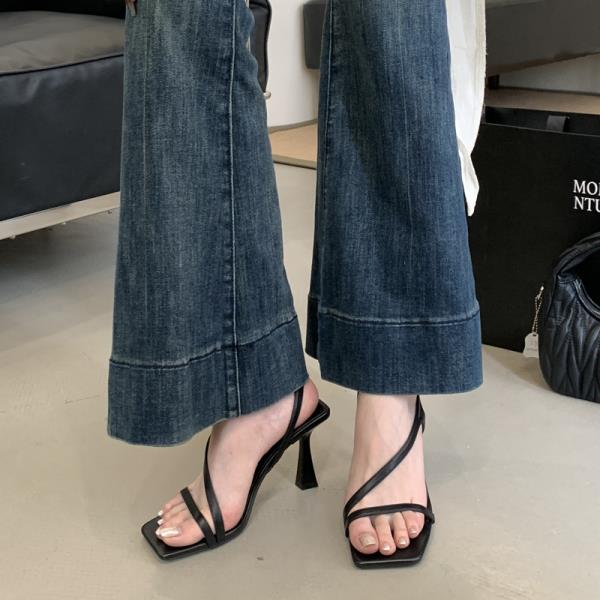 Fashion Buckle Strap Square Toe Low Sandals Woman Leather 2025 Summer Female Shoe High Heels All-Match Low-heeled Ankle Retro Girls High