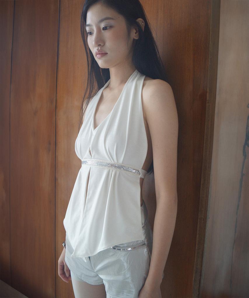 Myujeumyujieom Beaded Strap Shirred Halter Top - White