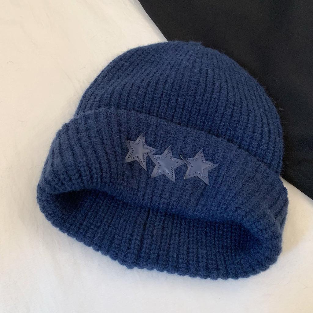 Big Head Circumference Blue Star Knitted Hat Women's New Winter Warm Thickened Korean Version Bag Head Wool Hat