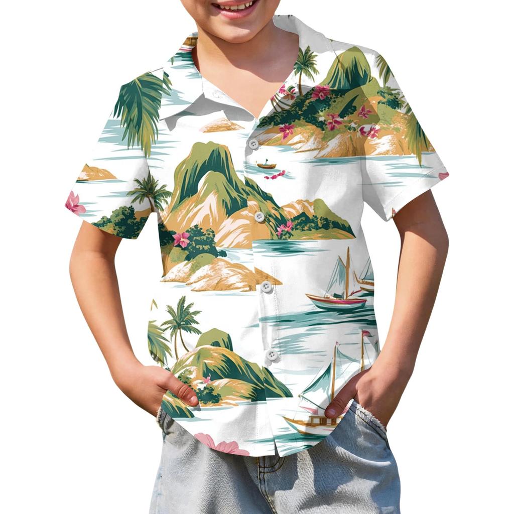 Jungen kurzärmeliges Hawaiihemd, Kinder Sommer Hemd mit Knöpfen