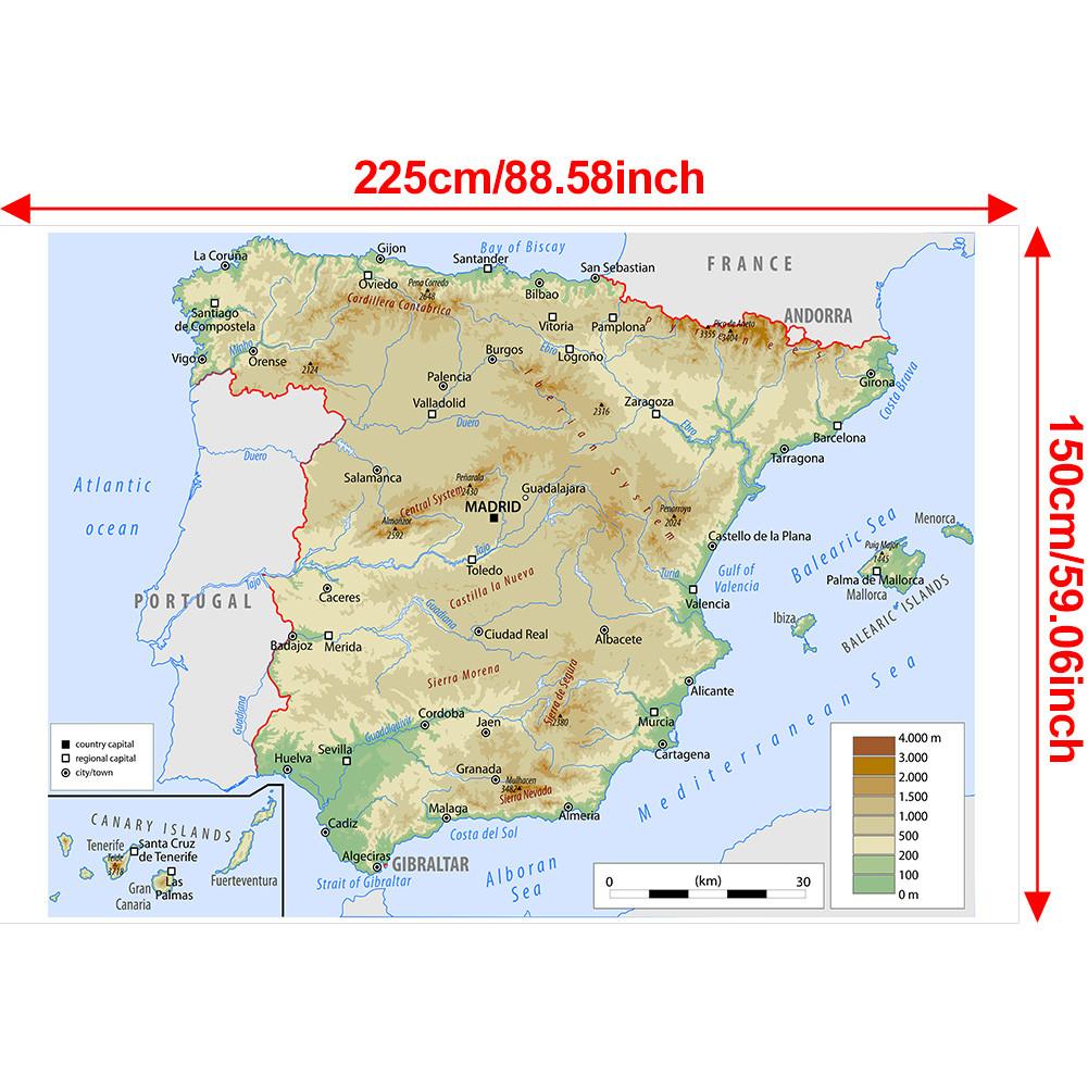 English Map Background Cloth-Spain Map-Terrain Decor Picture for Travel,Educational Tool,Photo Shoot Background
