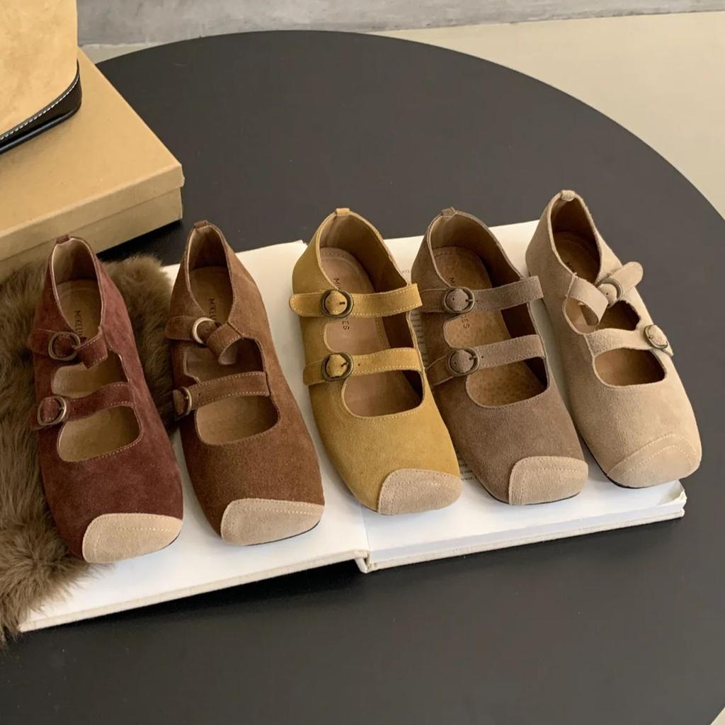Fashion Retro Ballet Flat Belt Buckle Slip on Mary Jane Loafers for Women Daily Square Toe Comfort Soft Sole Leather Shoes Zapatos Mujer