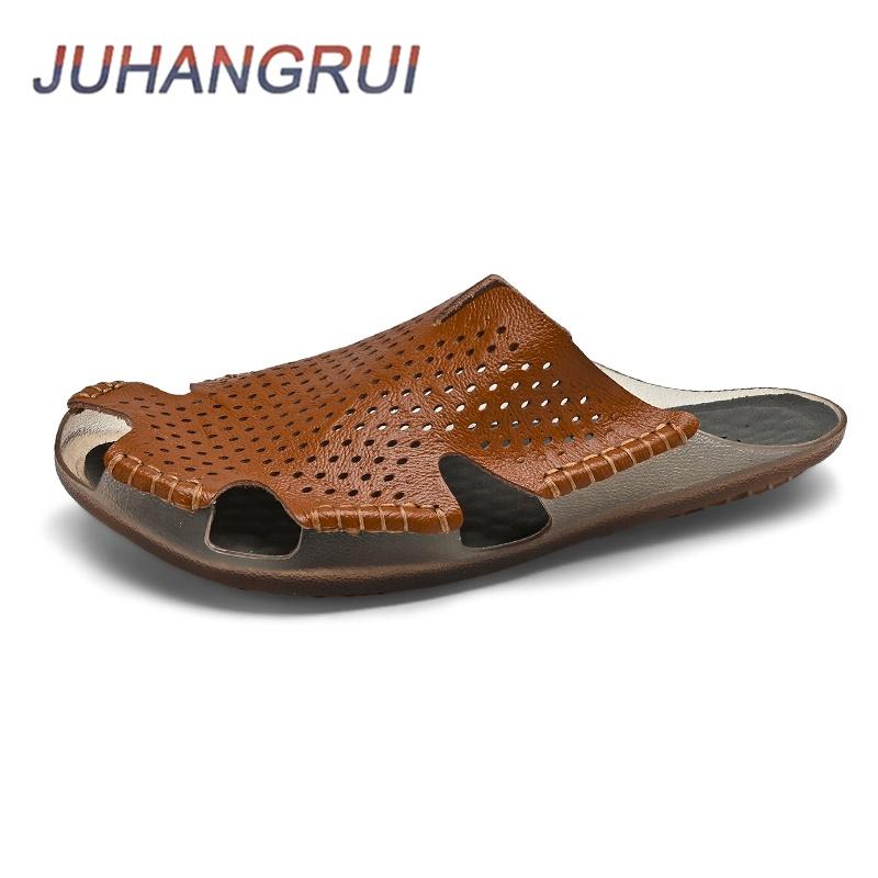 

Men s Summer Genuine Leather Slippers Large Size Breathable Beach Sandals Hollow Out Male Shoes PVC Bottom Non-Slip Comfortble 38