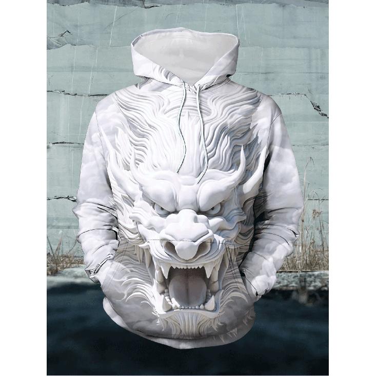 Embossed White Dragon 3D Printed Hoodie Set, Chinese Style Digital Printed Casual Sports 2pcs Set, Loose Unisex Style