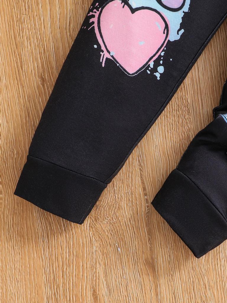 Two-piece Set for Girls and Toddlers: Casual Cute Heart-print Hooded Long-sleeved Sweatshirt and Sweatpants, Suitable for Spring, Autumn and Winter.