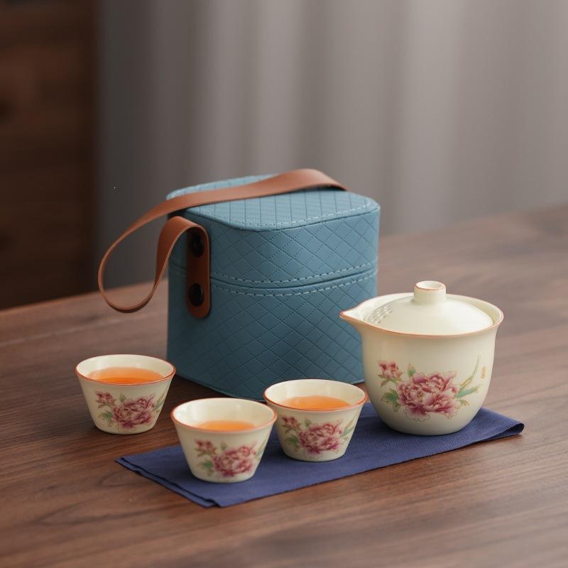 Outdoor portable tea set Peony light luxury Qingyun Ru kiln Kuaike cup business trip camping tea set