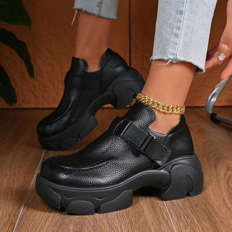 Retro Women Shoes Spring and Autumn Height Increase Thick Soled Casual Leather Shoes Round Head Buckled  Platform Sneakers Women