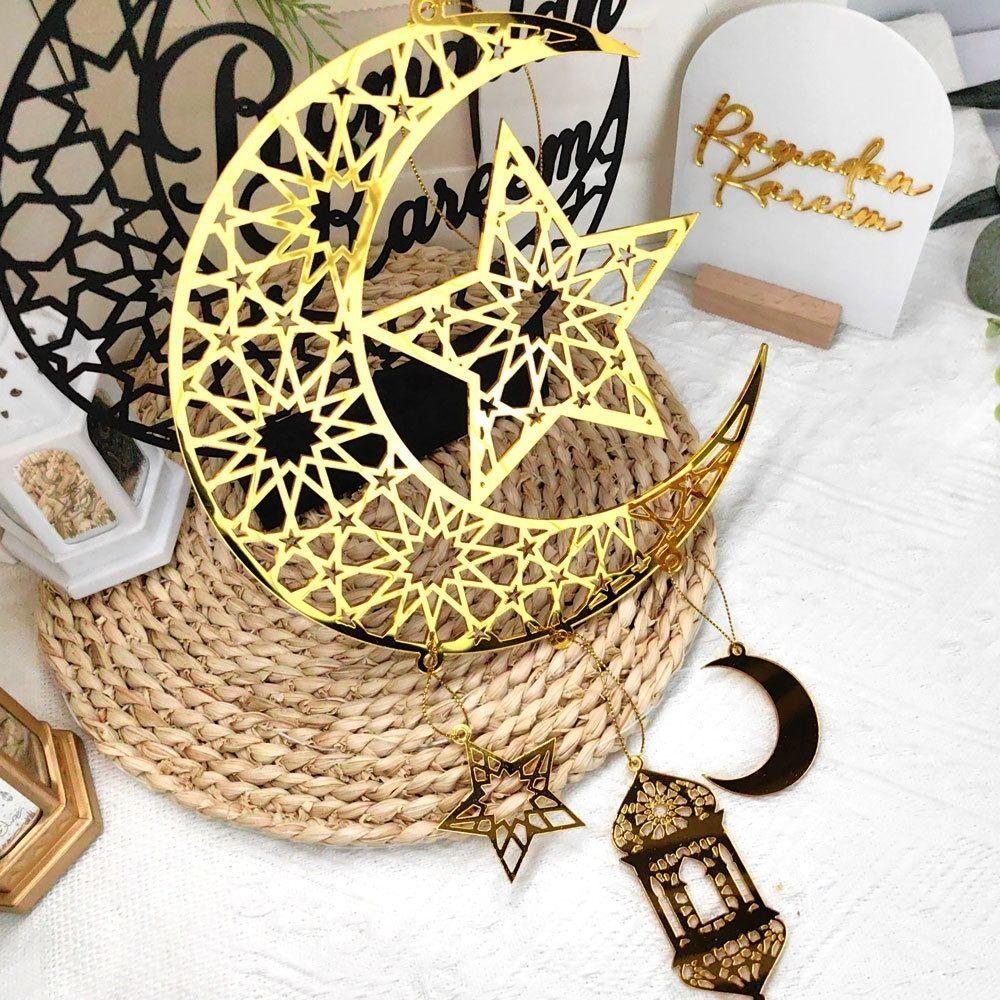 Akryl Eid Mubarak Väggprydnad Spegel Gyllene Ramadan Kareem Dörrskylt Hängande Dekoration Måne Stjärna Hängande Prydnader