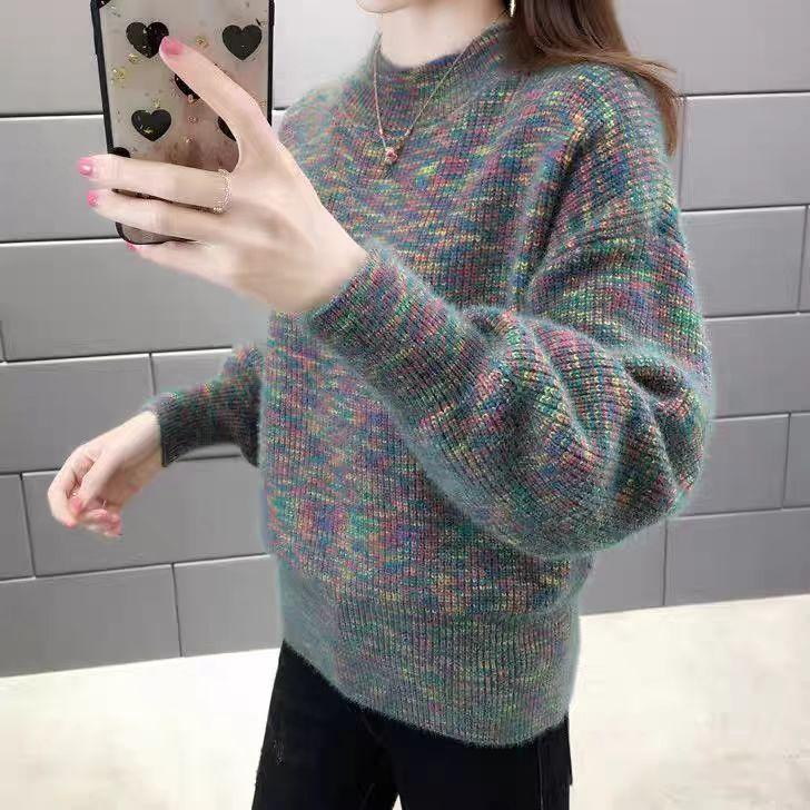 Imitation Mink Fur Sweater Women's Autumn and Winter Half Turtleneck Knitted Sweater Loose Long-sleeved Casual Pullover
