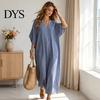 Breathable Beach Dress Women V-Neck Striped Dress, Summer Half Sleeve Casual Ankle Daily Length Loose Swing for Vacation Wear Soft
