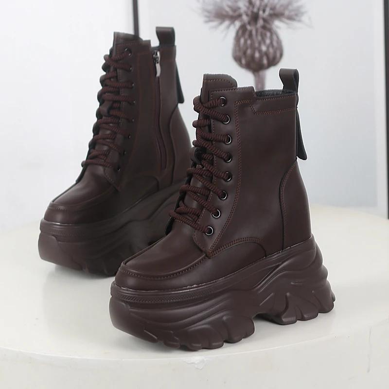 Fashion 12CM Autumn Platform Ankle Boots Women Chunky Shoes Lace-up Tennis Sneakers Woman Leather Boots Walking Shoes