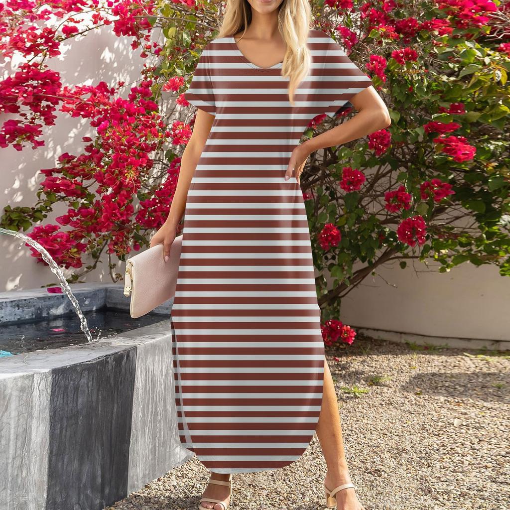 Dámske letné ležérne plážové maxi dlhé šaty s voľným výstrihom do V, krátkym rukávom Trendy outfity