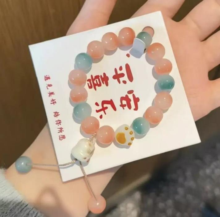 Bohemian Sweet  Beaded Bracelet for Women Girls Pink Color Imitation Jade Crystal Hand Jewelry Birthday Party Gifts