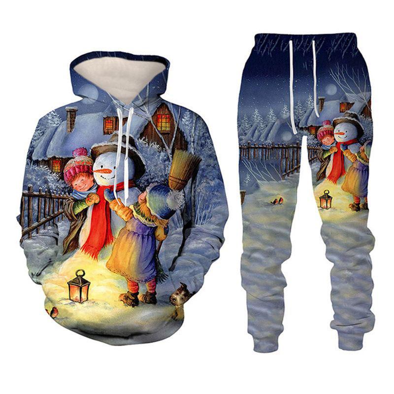 3D Print Hoodies Suit Christmas Santa Claus Man Woman Tracksuit Pants 2pcs Sets New Year Holiday Party Casual Pullover Oversized