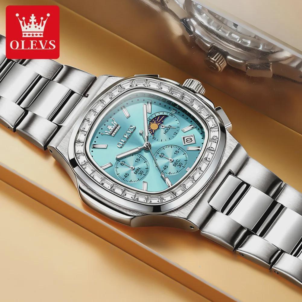 Men Square Diamond Bezel Quartz Watch Moon Phase Date Chronograph Luminous Waterproof Wrist Watch