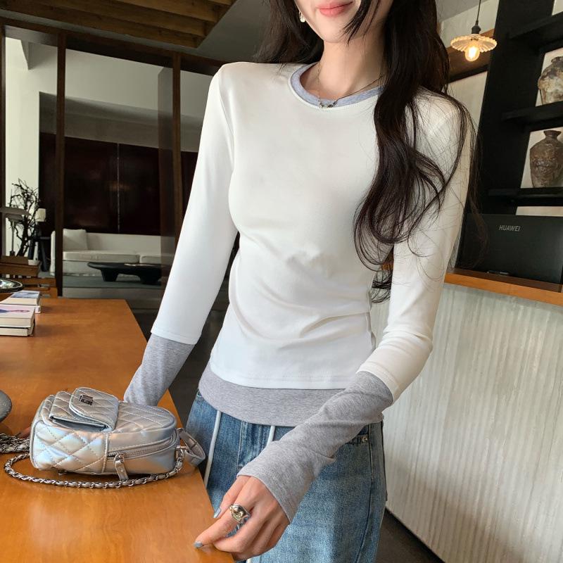 Women s Chic Spliced Color-Block Long Sleeve T-Shirt - Spicy Girl Style, White Slim Fitted Base Layer for Fall/Winter S белый