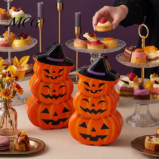Candy Jar with Secure Lid Halloween Pumpkin Tin Box, Stacked Shaped Metal Treat Container Storage Lid, Orange Tinplate Case for Trick or Party Favors