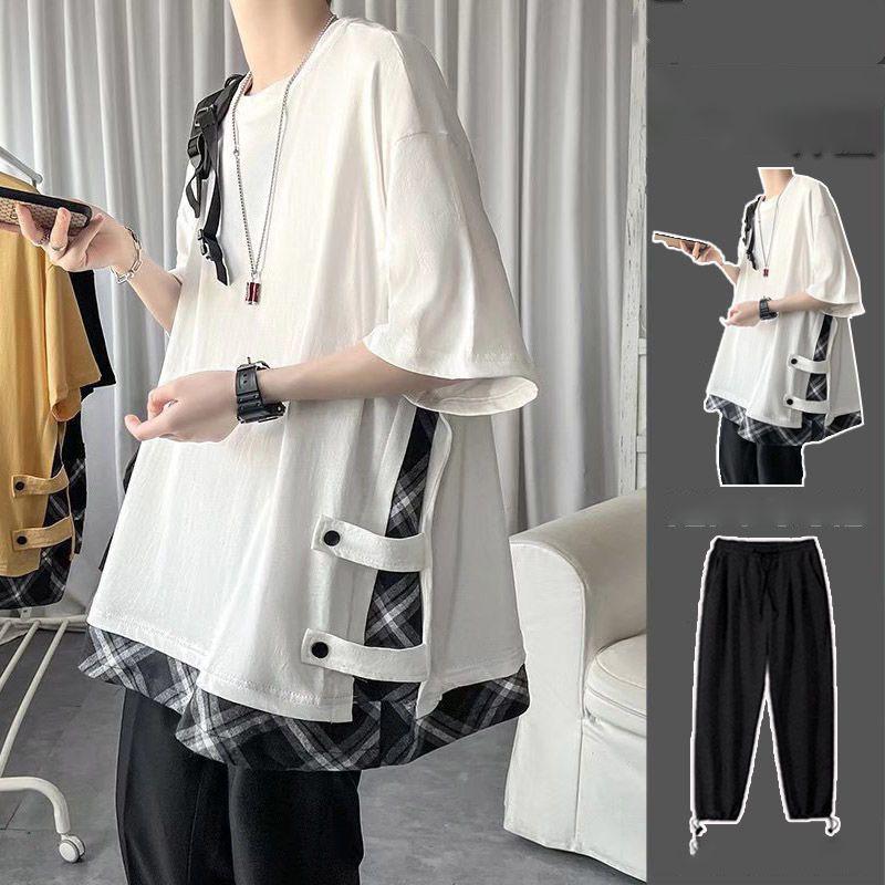 

Летний поддельный костюм из двух частей в клетку с короткими рукавами, свободная однотонная молодежная футболка, модный повседневный мужской костюм L