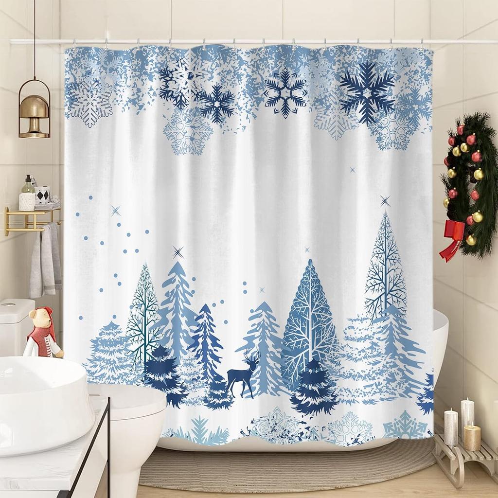 Blue Christmas Snowflake Shower Curtain, Winter Forest Deer Fabric Shower Curtains Set For Bathroom Decoration With Hooks Cute