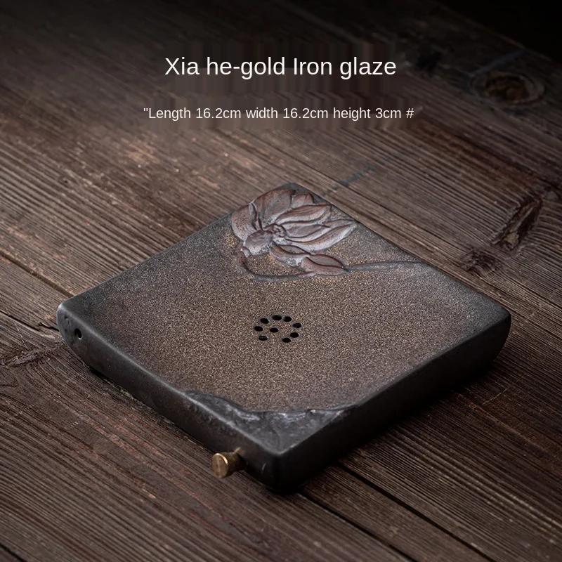 Gilding Iron Glaze Pot Tray Stoneware Base Pot Mat Small Vintage Ceramic Water Storage Drainage Dual-Purpose Pot Tray Tea Table