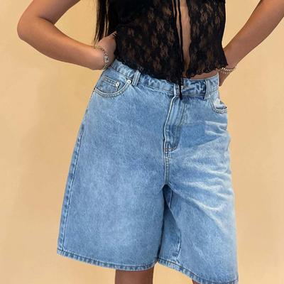 Pantaloncini di Jeans al Ginocchio da Donna con Tasche a Vita Media Larghi Bermuda di Jeans Dritti