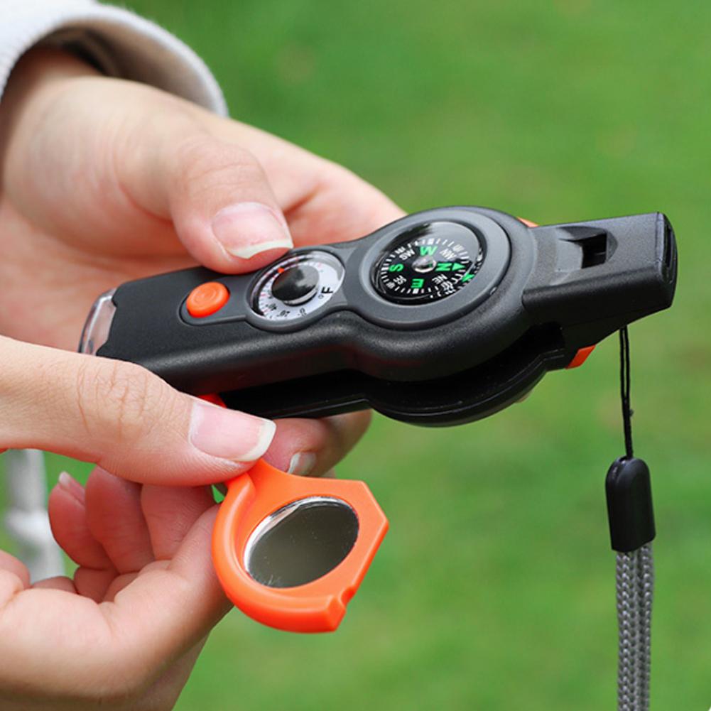 7 In1 Emergency Survival Function Whistle Outdoor Multifunctional Survival Whistle with Lanyard Compass Flashlight Camping Hike