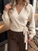 Women's V-Neck Tie-Up Knit Crossover Top