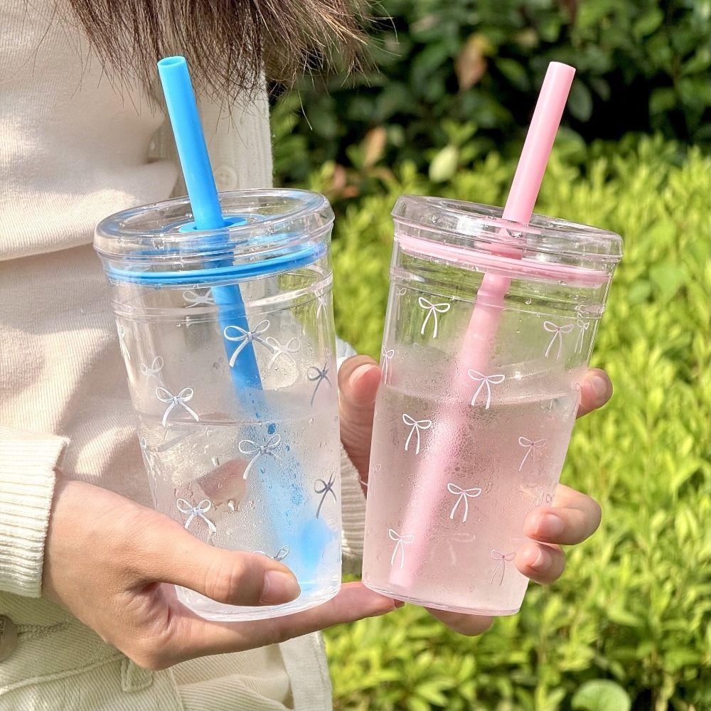 Plastic Cold Drinking Cup Bowknot Pattern Car Tumbler Cup Simple Coffee Cup  for Students
