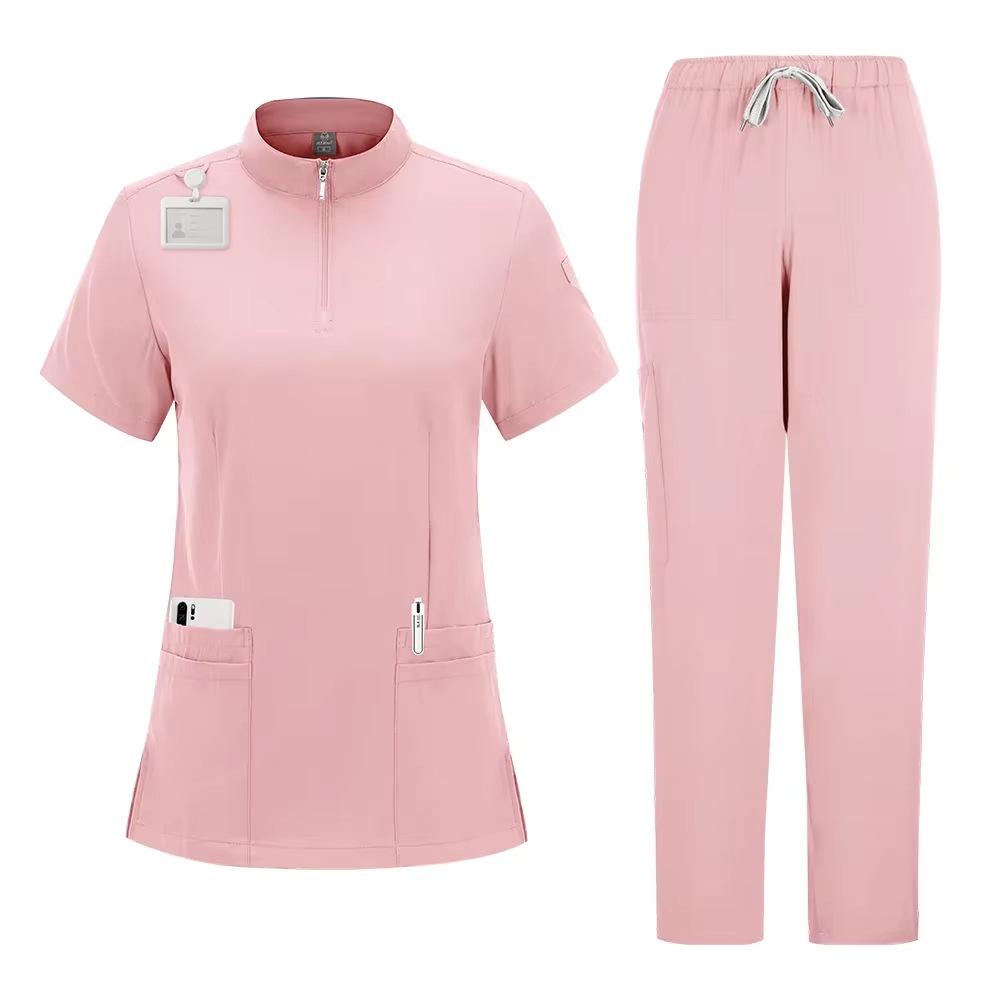 Solid Color Surgical Scrub Set: Stand-up Collar, Zipper Top, Straight Leg Pants
