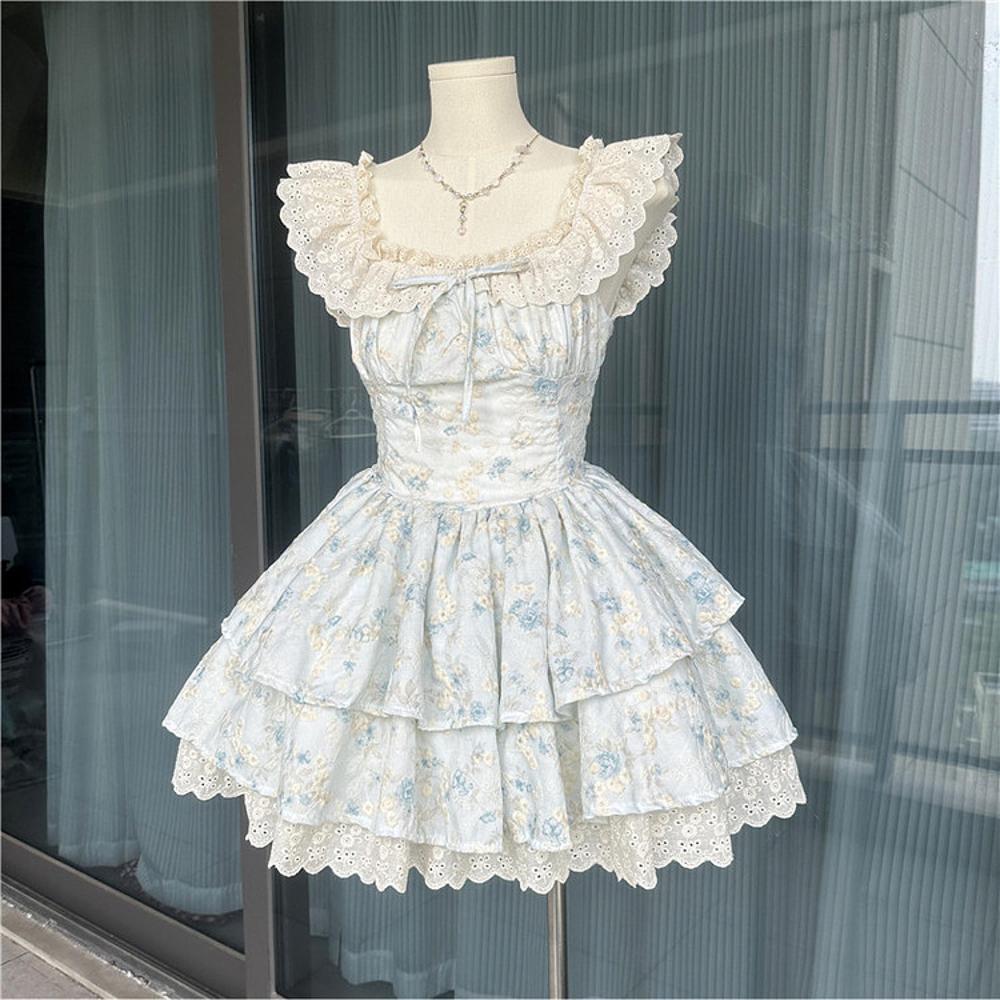 Xiaofei sleeve suspender skirt women's summer sweet small fresh blue floral short cake skirt waist princess dress