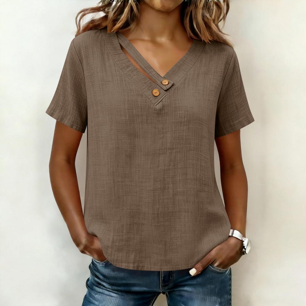 Women's Fashionable Loose-Fit V-Neck Button-Down -Color Casual Blouse