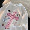Oversized Gothic Pink Cross Print Hoodless Sweatshirt Thick Fleece Lined Unisex Streetwear Fall Winter