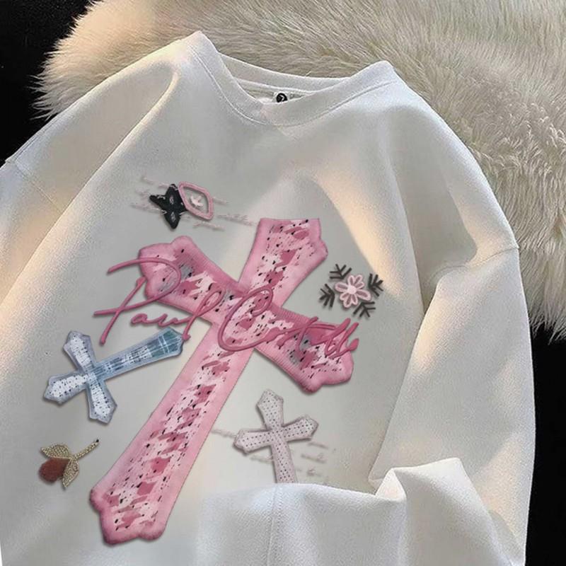 Oversized Gothic Pink Cross Print Hoodless Sweatshirt Thick Fleece Lined Unisex Streetwear Fall Winter