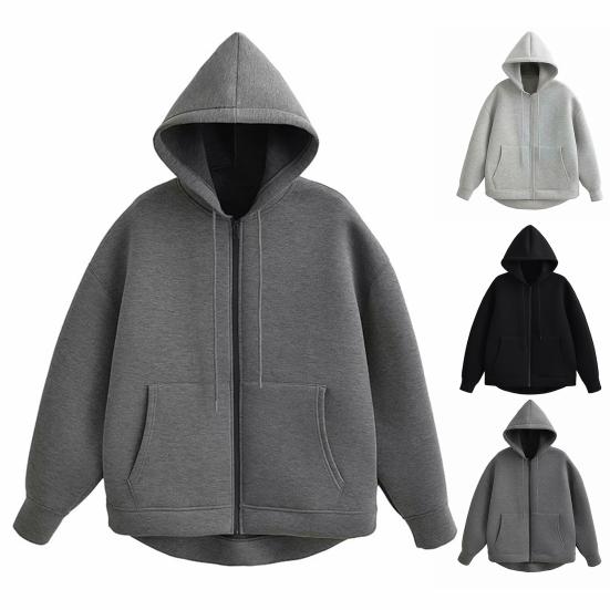 Autumn Spring Women Coat Hooded Drawstring Long Sleeves Pockets Zip-up Elastic Cuff Hem Loose Sport Hoodie Casual Daily Wear Jacket