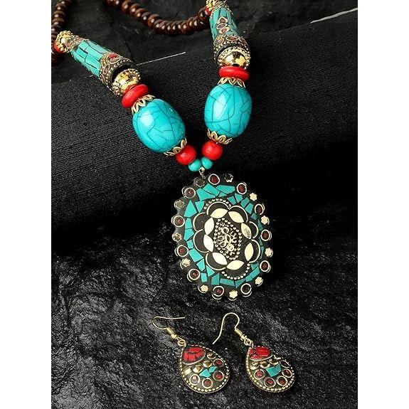 Fashion Latest Stylish Traditional Tibetan Pendant Necklace Jewellery Set for Women