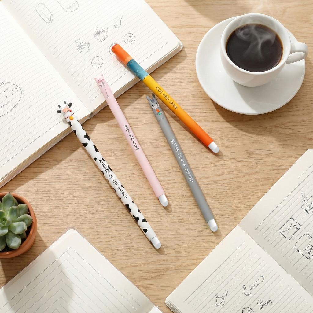 Erasable Gel Pen Set 4 Pack 4ml Each Retractable Fine Tip Smooth Writing Pens with Novelty Animal Designs and Motivational Text for School Office Use