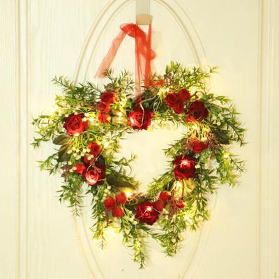Day Wreath Garland with Green Leaves Heart Shaped Rose for Front Door Window Outside