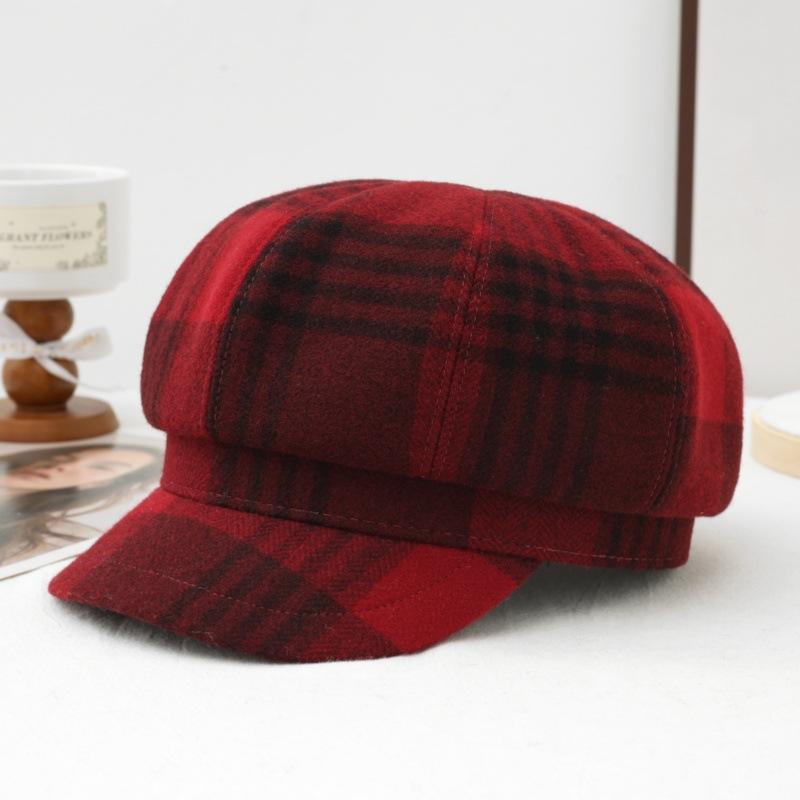 New women's autumn and winter British style retro plaid octagonal hat casual versatile painter hat windproof warm newsboy hat