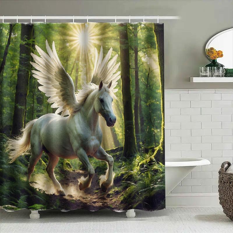3D Printed Shower Curtain Waterproof Bathroom Decor White Flying Horse Fantasy Forest Print 180Cm X 274Cm Custom Size Available