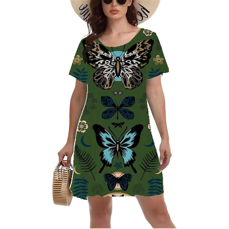 3D Colorful Butterfly Printed Dress Summer Short Sleeve O-neck Casual A-Line Dresses Fashion Lady Beach Vacation Dress Vestidos