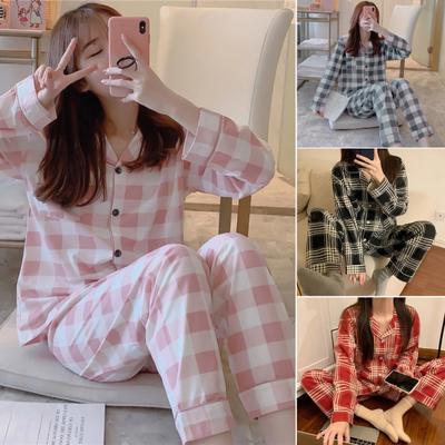 Conjunto de pijama de primavera y verano, ropa de casa con manga a cuadros y solapa, larga, ancha, holgada, con una sola botonadura
