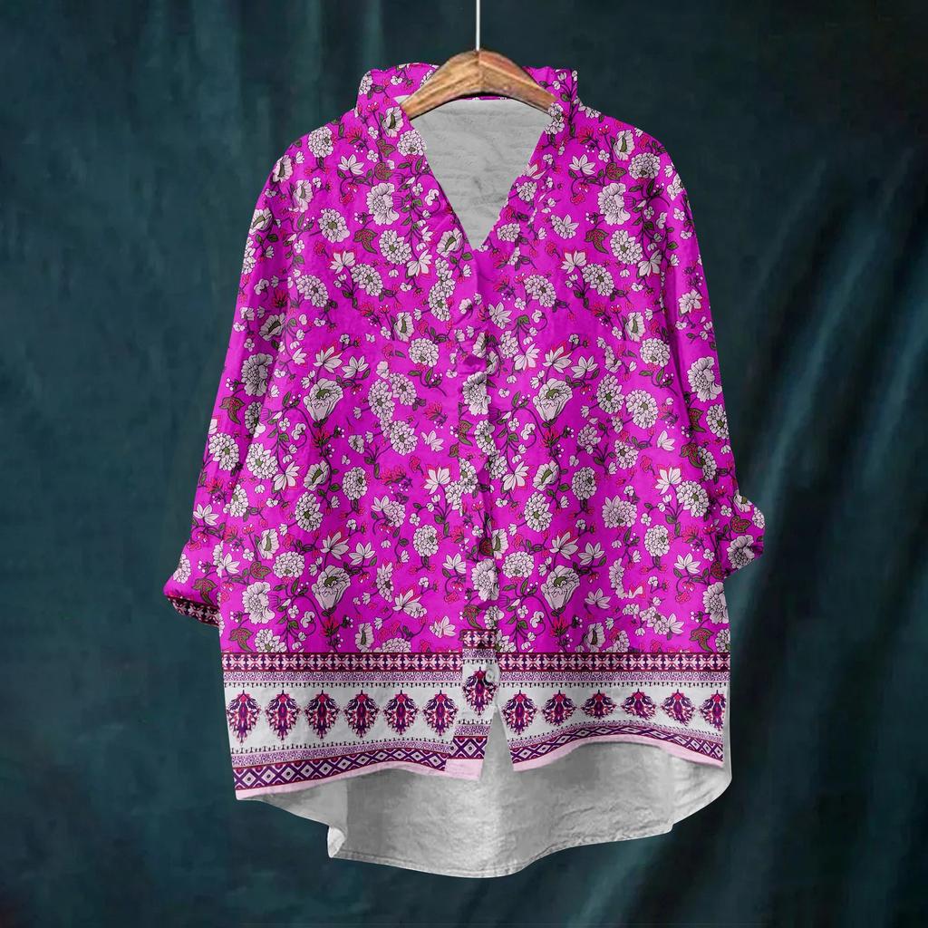 Dame Løs Volangert Blomstert Trykk Ståkrage Langermet Bomull og Lin Topp