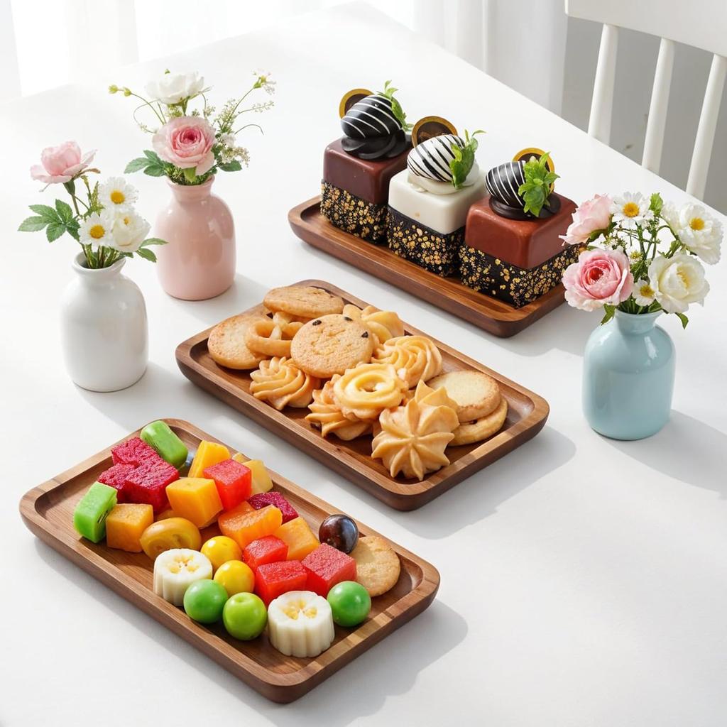 Small Wood Tray, Rectangle Wooden Trays for Decor, 7.28x4.13in Acacia Wood Tray for Home Decor, Bathroom, Kitchen Counter Charcuterie Boards Cheese
